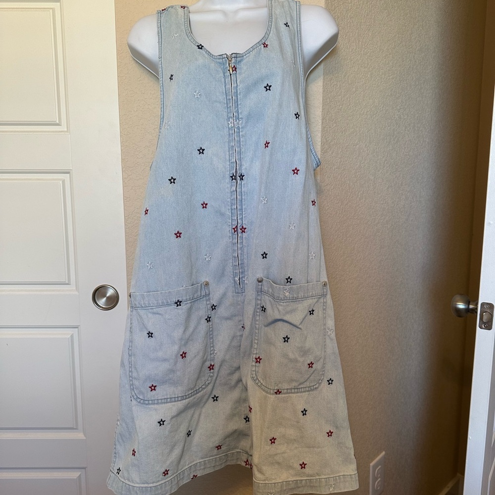Christopher & Banks Blue Denim Dress with Red White and Blue Star Embroidery